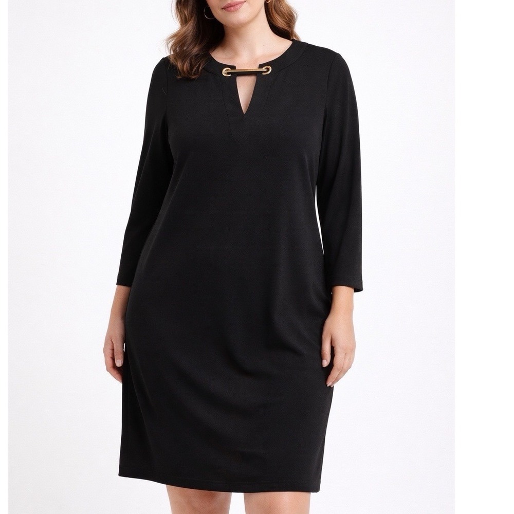 Michael Kors Black Shift M Dress Gold Bar Neck Long‎ Sleeve Classic Casual Chic